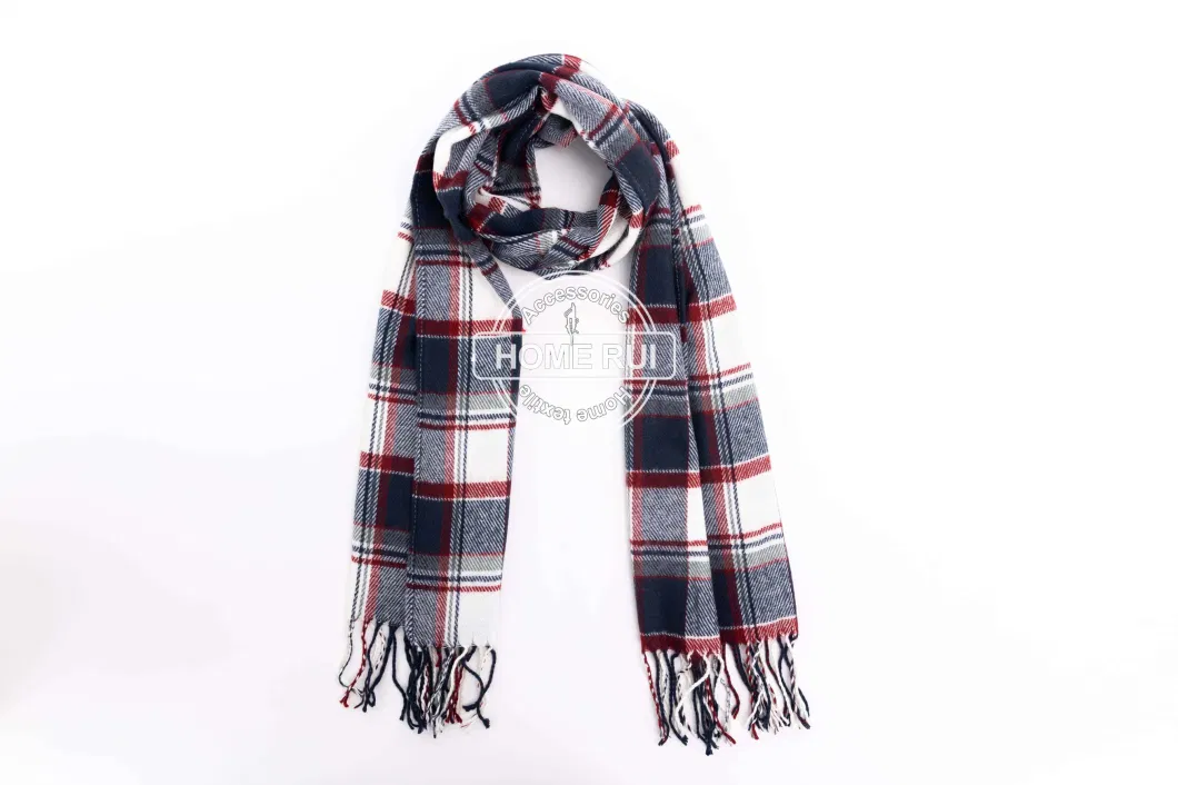Home Rui Wholesale Outerwear Apparel Accessory Unisex Winter Warmth Navy Cashmere Feel Tassel Classic Plaid Grids Windowpane Wraps Shawl Blanket Scarf