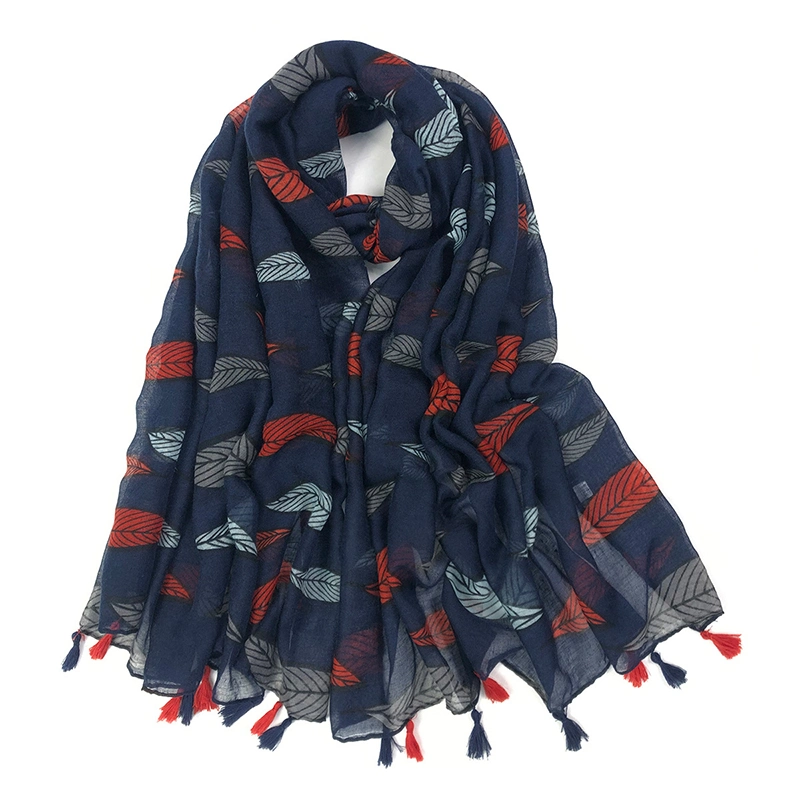 a Stylish Scarf Decorated with Bold Colourful Leaves Tassel