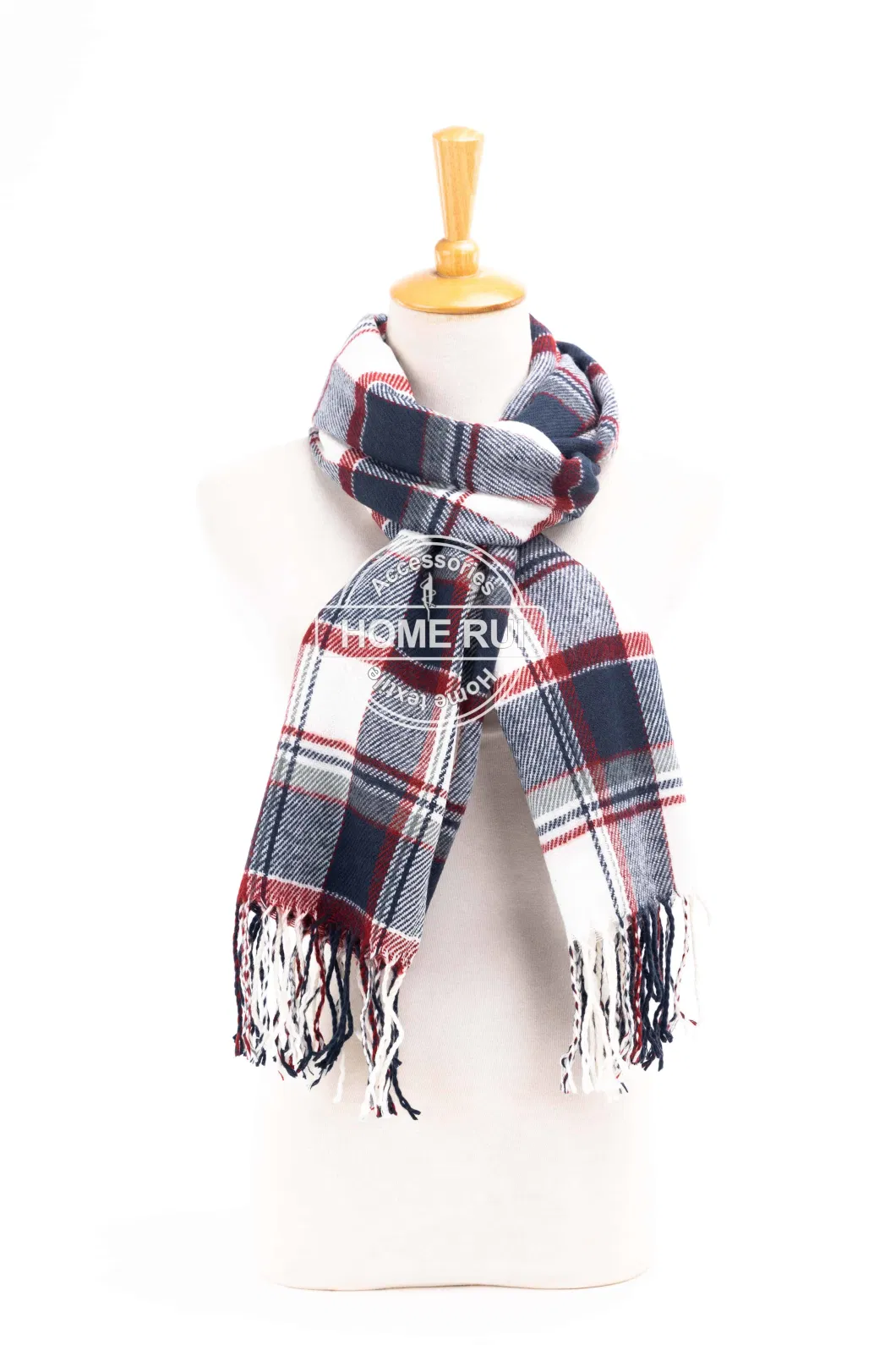 Fashion Accessory Unisex Men Women Winter Red Navy White Mixed Acrylic Brushed Woven Fringe Grid Checks Design Long Scarf