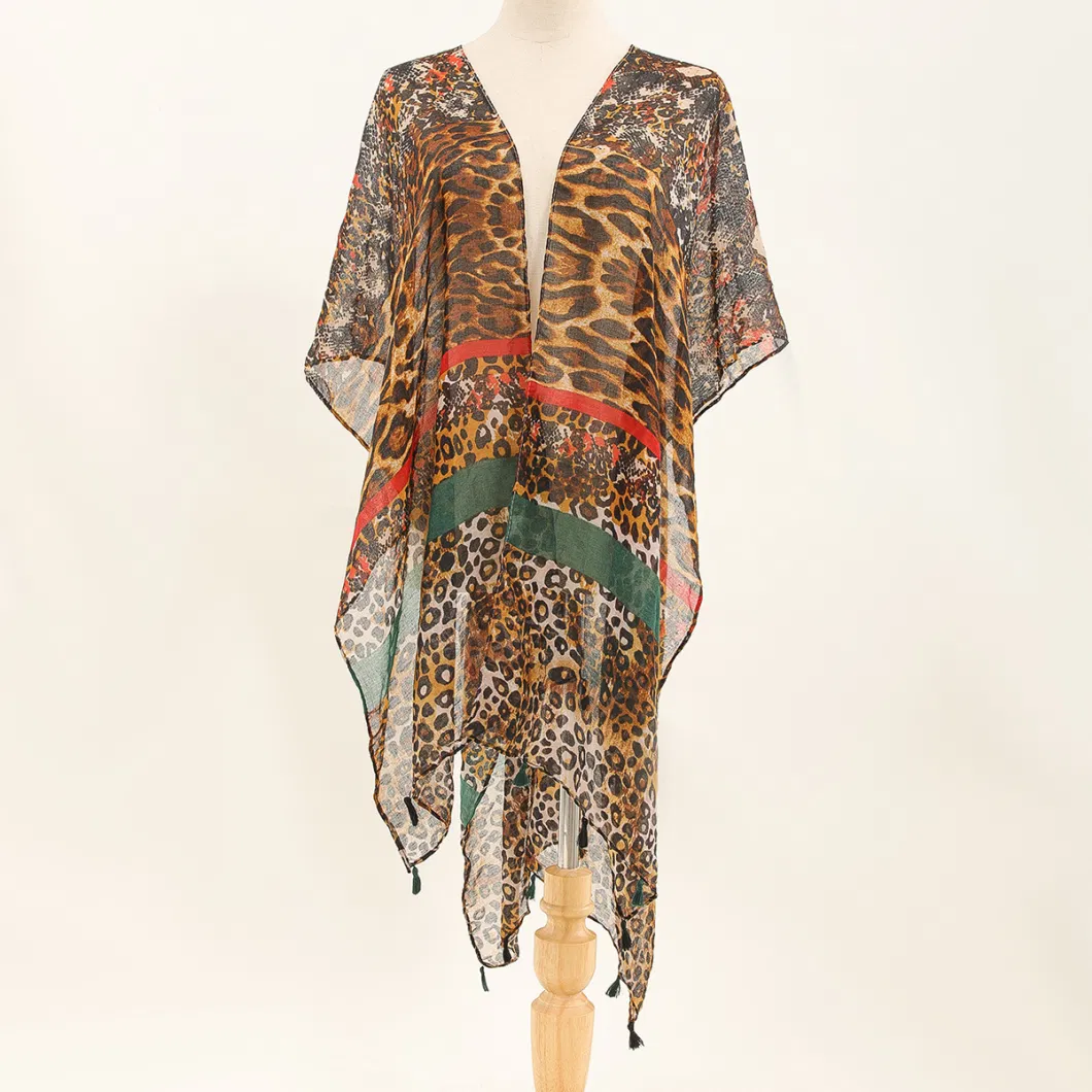 Leopard Print Pashmina Silky Shawl Kimono Scarfs Stole Wrap Cover up Women