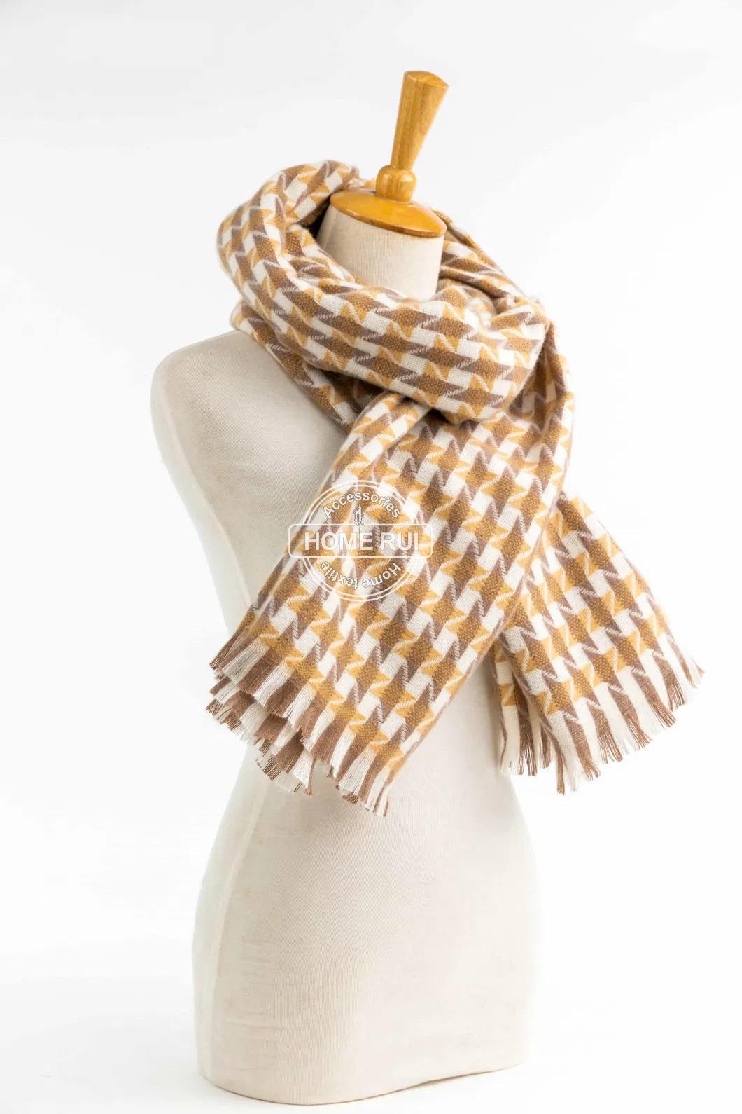 Wholesaler Outerwear Apparel Accessory Woman Winter Warm Camel Cashmere Feel Woven Tassel Grid Checks Stoles Shawl Pashmina Character Blanket Scarf