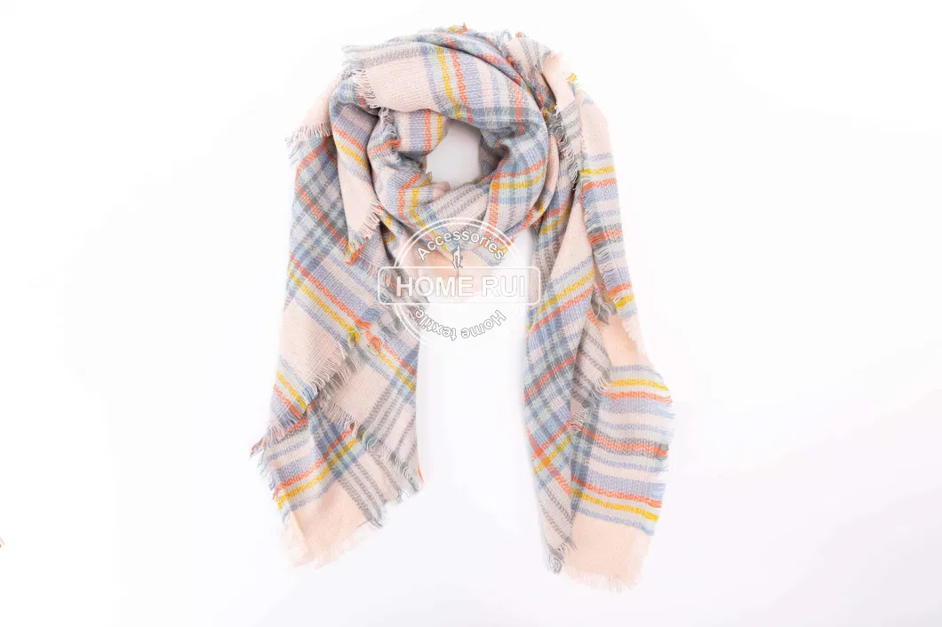 Custom Outfit Fashion Spring Fall Winter Soft Pink Acrylic Woven Fringed Tartan Lattice Large Lightweight Beachwear Oversize Cappa Tippet Turban Textural Scarf