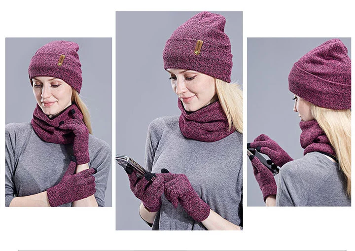 Winter Warm Set Lady Knitted Causal Beanies Dobby Scarves Acrylic Neckerchief Embroidery Gloves Set Knitwear Hats Scarf