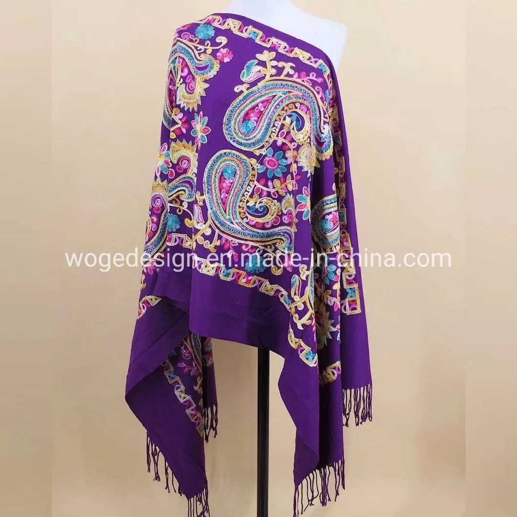 Yiwu Woge Ladies Echarpe Tippet Embroidered Paisley Floral Pashmina Shawl for Winter