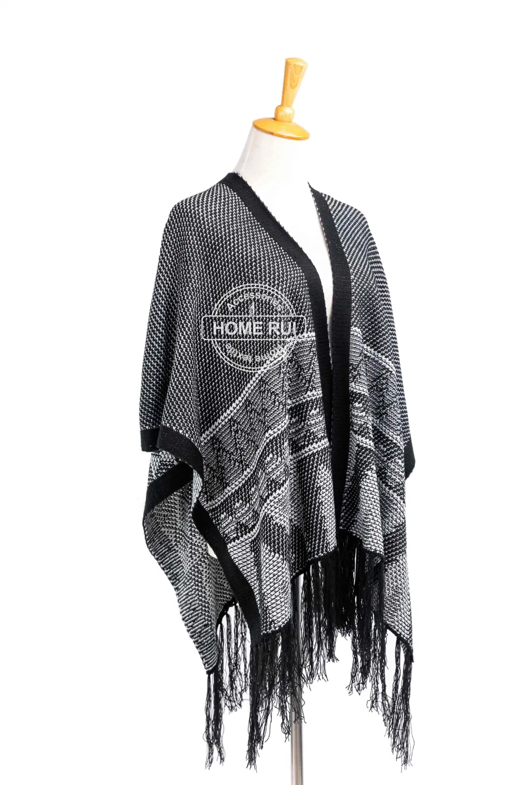 Supplier Outfit Fall Winter Lady Fashion Plus Batwing Irregualar Shape Reversible Tassel Cozy Fluffy Chunky Sweater Boat V-Neck Black Blanket Poncho Pallium