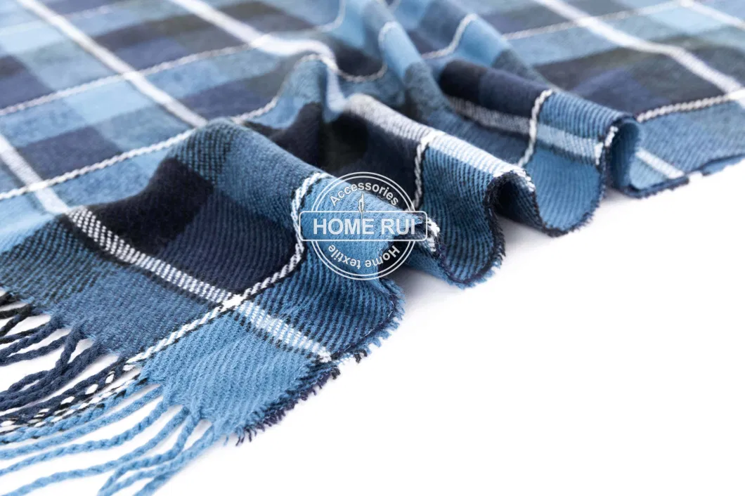 Fashion Accessory Unisex Men Women Winter Blue Navy Mixed Acrylic Brushed Woven Fringe Grid Checks Design Long Scarf