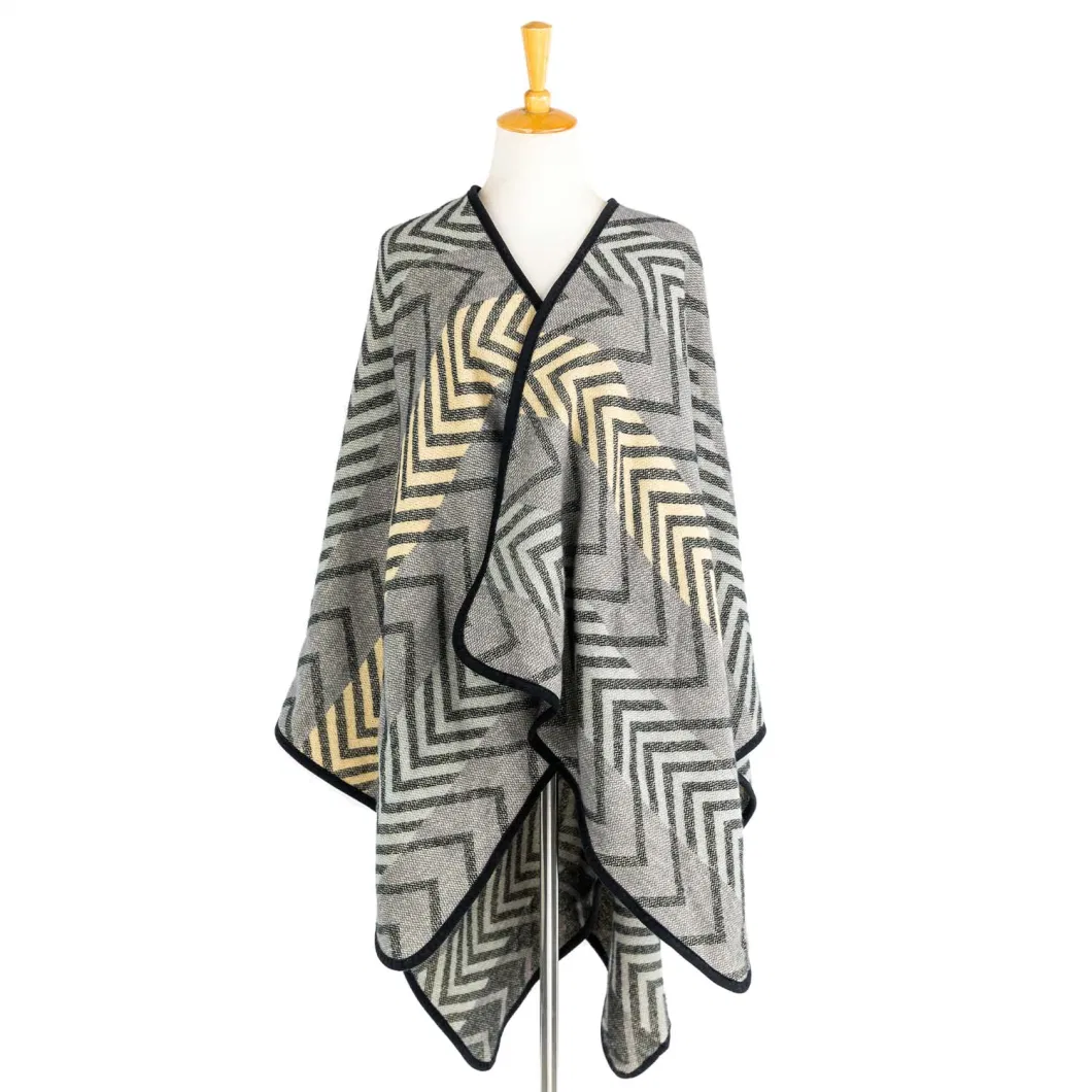 Women Grey Winter Knitted Reversible Printed Oversized Zigzag Geometric Striped Lined Sweater Bohemian Cardigan Tartan Blanket Pattern Cape Pallium Poncho
