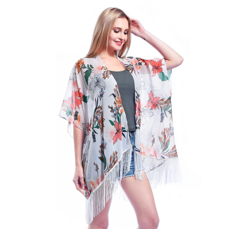 Oversized Stylish Lady Floral Print Chiffon Open Front Poncho