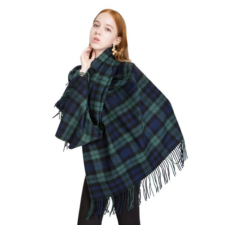 Oversized Green Plaid Winter Warm Genuine Wool Scarf Thicken Women Shawl Scarf