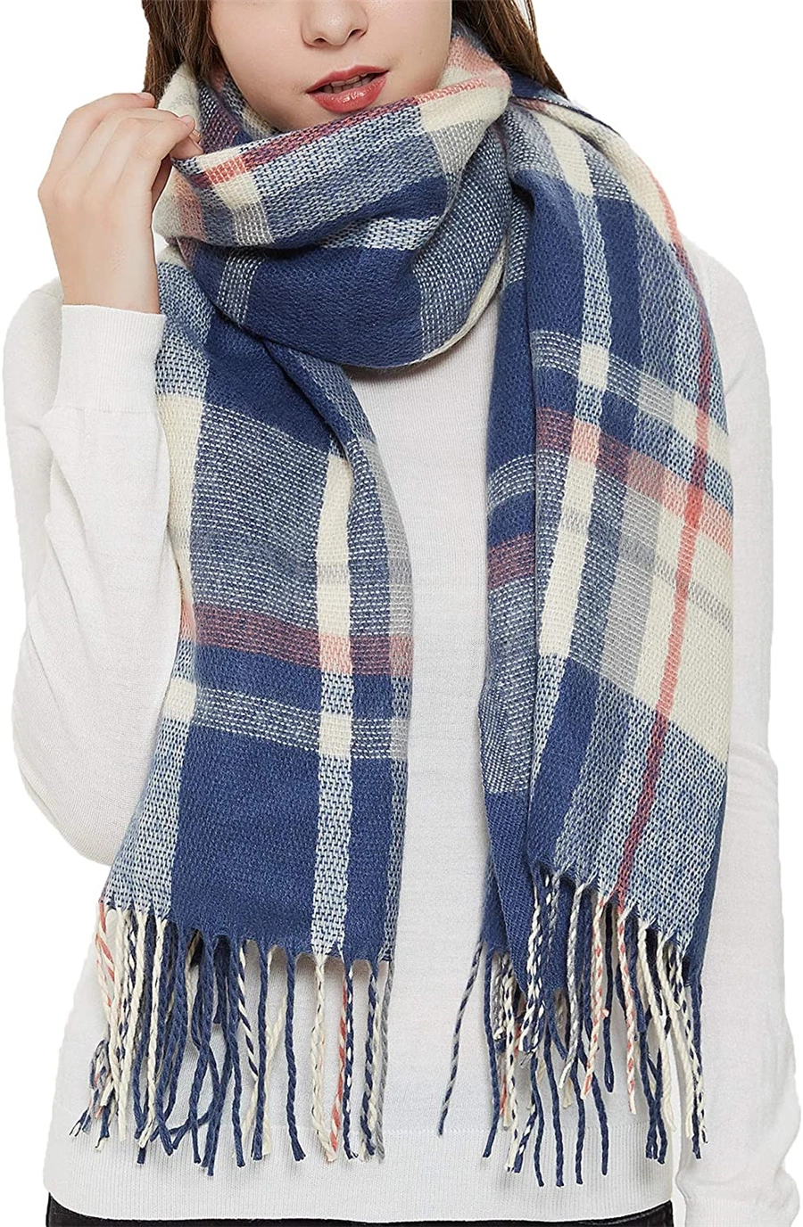 Wholesale blue Plaid Warm Women Blanket Scarf Oversized Tassel Tartan Wrap Shawl Plaid Cozy Checked Pashmina