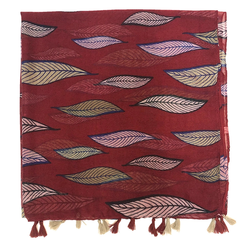a Stylish Scarf Decorated with Bold Colourful Leaves Tassel