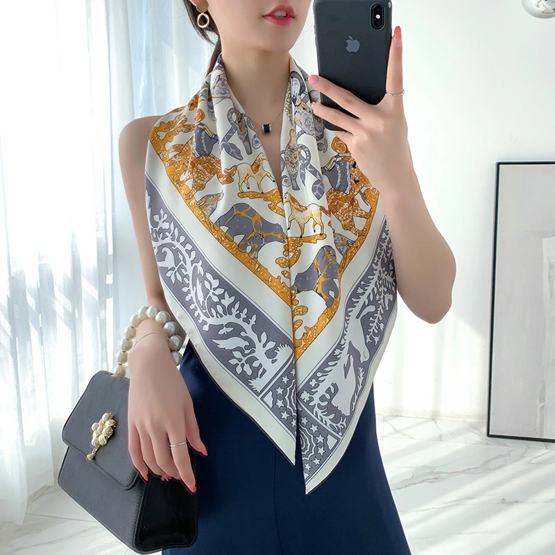 Wholesale Summer Fashion Satin Silk Scarf Ladies Custom Logo Digital Print Fake Silk Scarf for Women