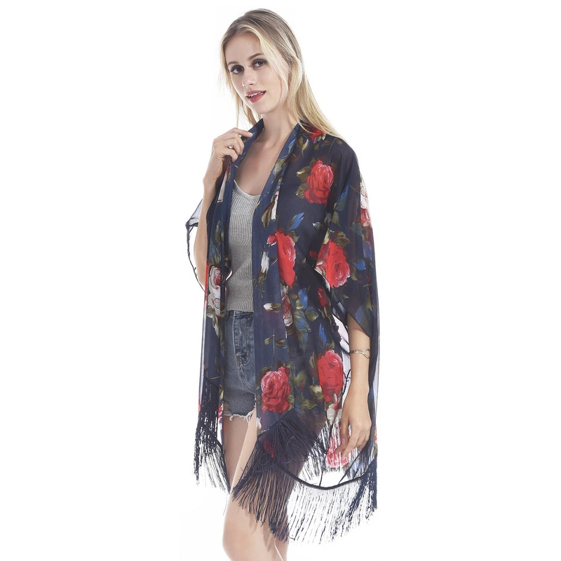 Wholesale Summer Chiffon Cardigan Poncho with Tassel for Ladies