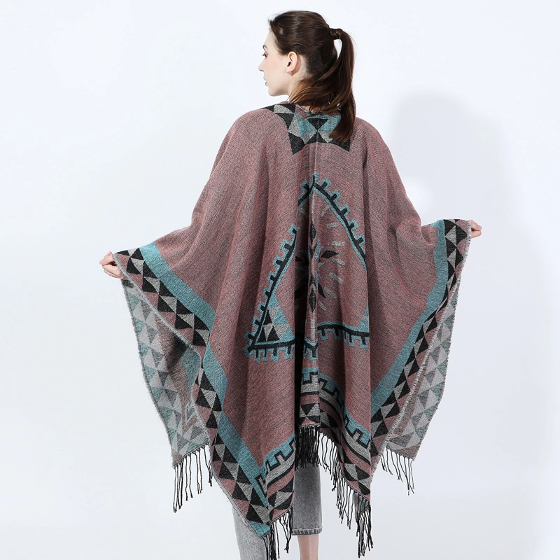 Thick Soft Scarf Shawl Cape Tassels Stylish Warm Knitted Triangle Pattern Poncho
