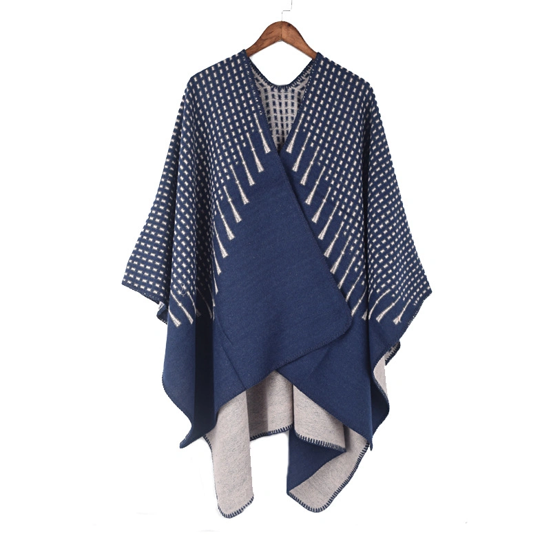 Fashion Shawls Plain Jacquard Blanket Poncho Front-Open Winter Warm Women Cape