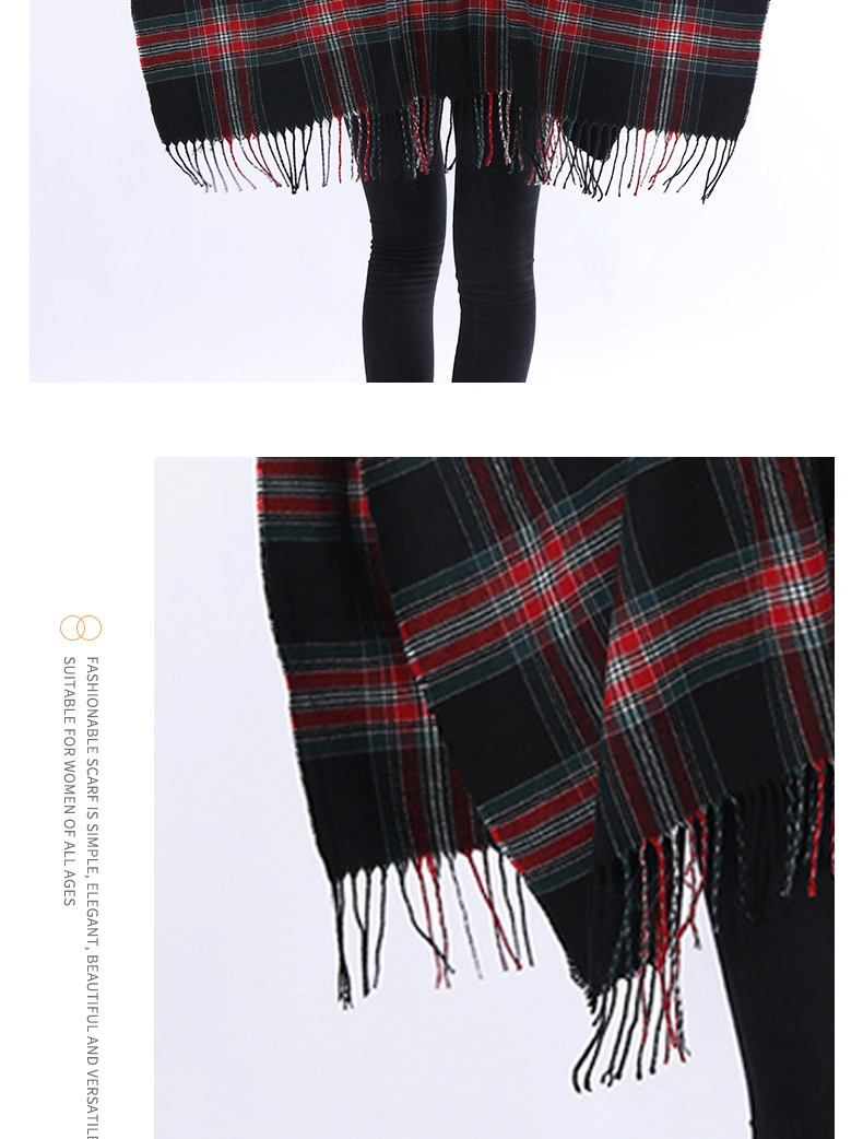 New European and American Plaid Autumn and Winter Outerwear Cape Shawl Imitation Cashmere Tassel Scarf for Women