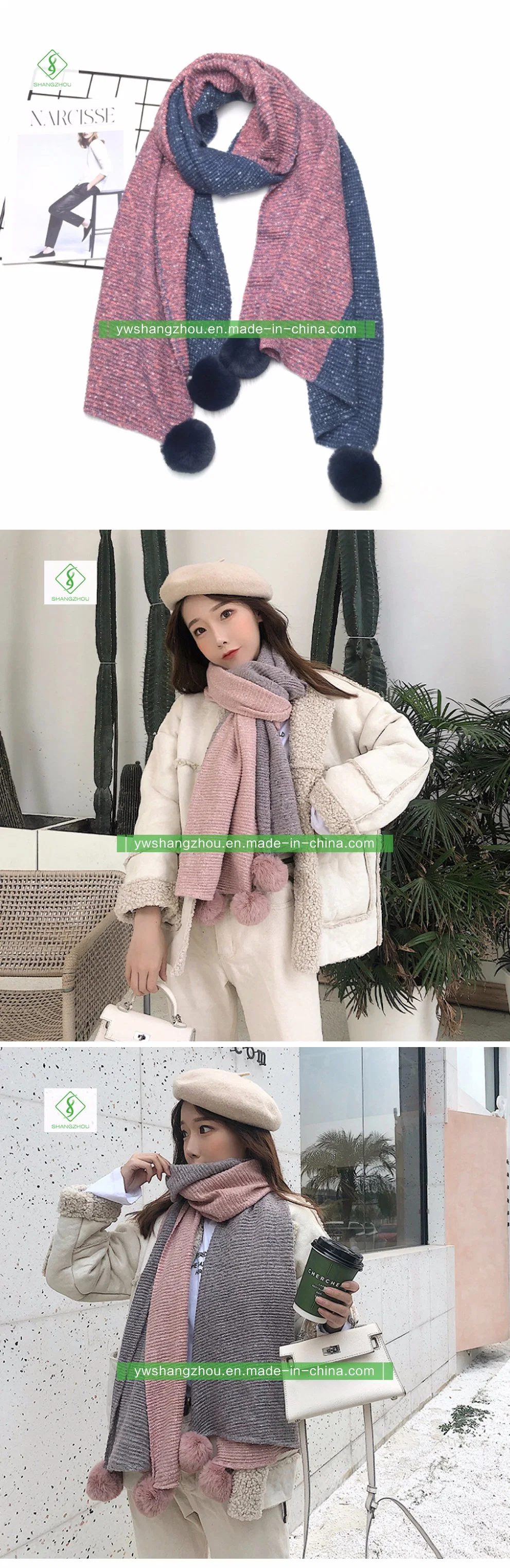 Contrast-Color Cashmere Scarf with Wool Ball Warm Fashion Soft Lady Shawl