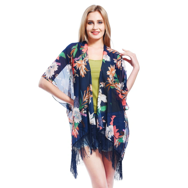 Oversized Stylish Lady Floral Print Chiffon Open Front Poncho