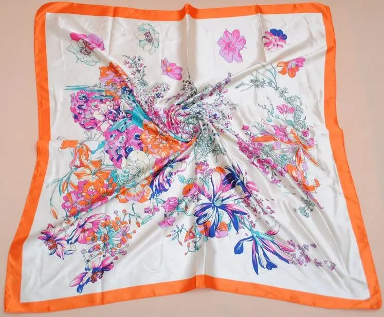 Spring Summer Fashion Versatile Colorful Flowers Satin Square Scarf Wholesale