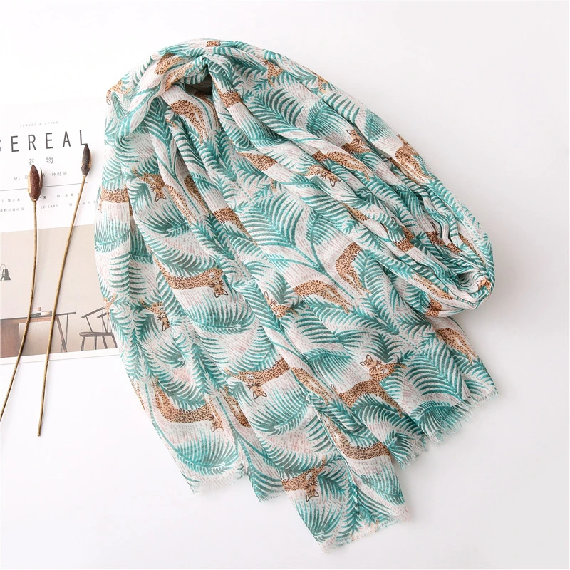 New Fashion Lady&prime;s Leopard Leaf Print Wrap Summer Shawl Hijab Tropical Muffler Chic Scarf