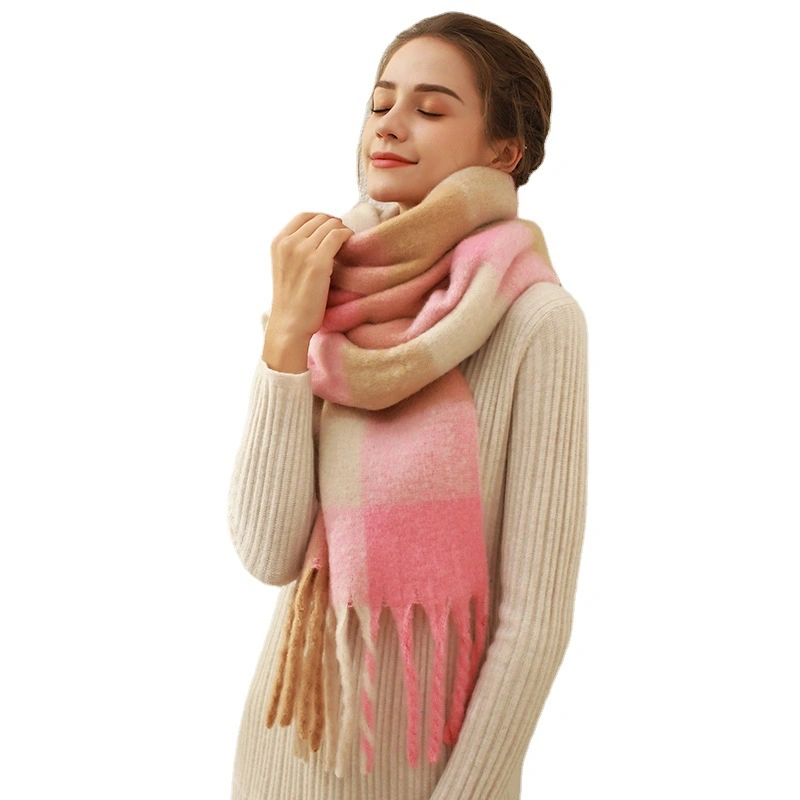 New Fall and Winter Warm Colorful Scarf Mohair Imitation Cashmere Tassel Plaid Female