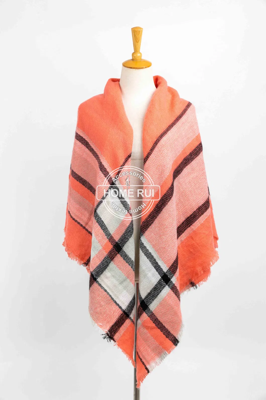 Wholesaler Outerwear Apparel Accessory Women Spring Winter Orange Short Fringe Checks Grid Tartan Warm Pashmina Windowpane Beach Headwear Blanket Scarf Shawl