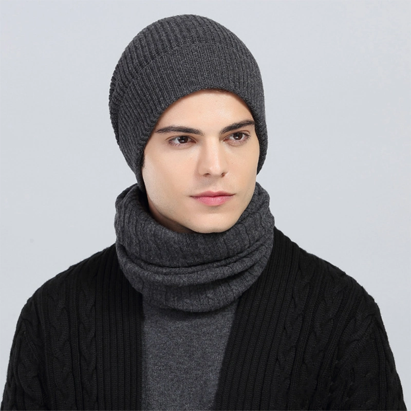 Winter Thick Man Knit Set 100% Wool Beanie Hat and Infinity Scarf