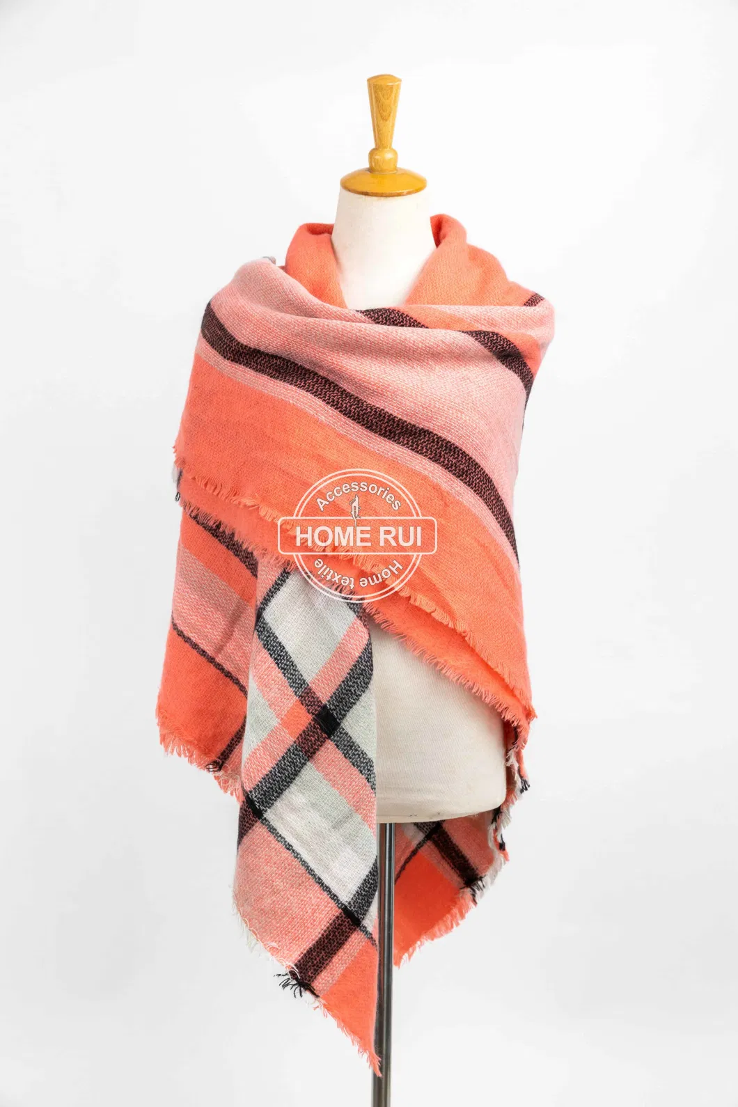 Wholesaler Outerwear Apparel Accessory Women Spring Winter Orange Short Fringe Checks Grid Tartan Warm Pashmina Windowpane Beach Headwear Blanket Scarf Shawl