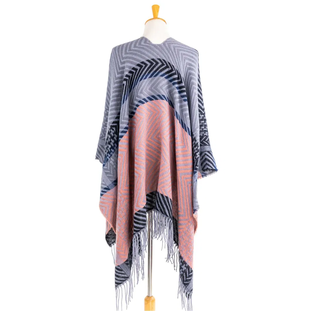 Lady Fashion Woven Outwear Navy Plus Coat Batwing Classic Multi Block Tassel Cozy Wraps Scottish Chequered Vintage Retro Cardigan Zigzag Stola Pallium Poncho