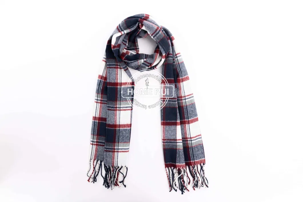 Fashion Accessory Unisex Men Women Winter Red Navy White Mixed Acrylic Brushed Woven Fringe Grid Checks Design Long Scarf