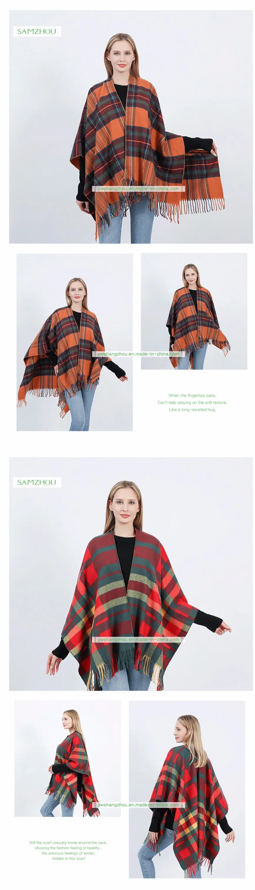 Western Plaid Cape Fashion Scarf Lady Cashmere Slit Shawl Winter