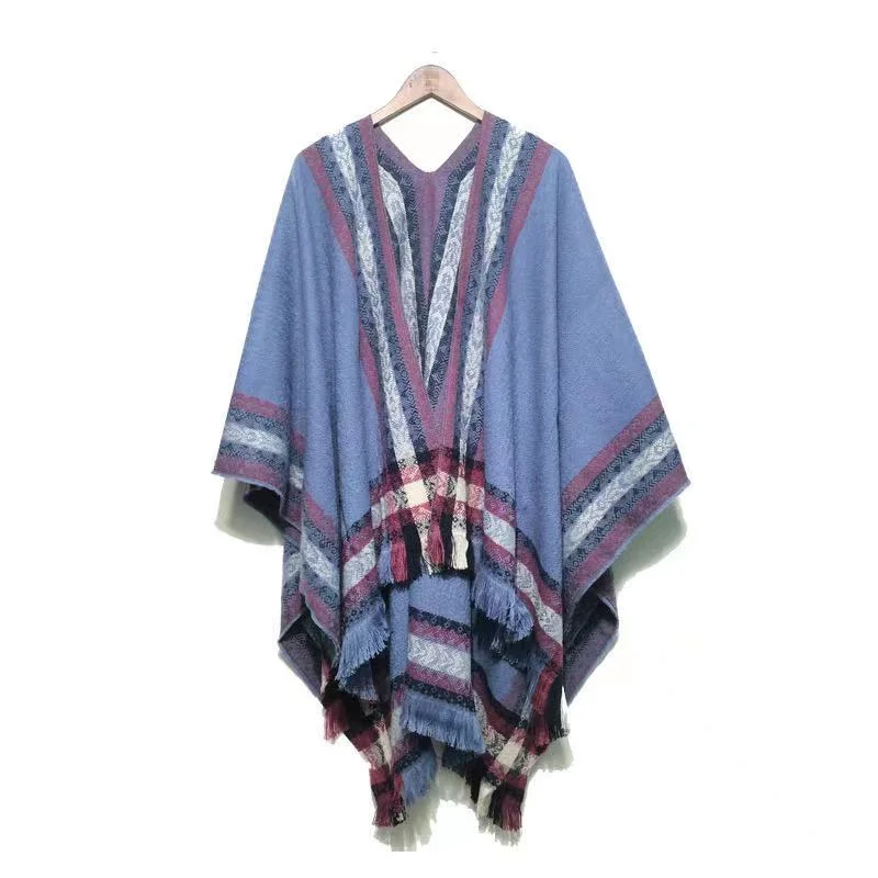 New Stripes Women Woven Ponchos and Capes Winter Cashmere Shawl/Kimono