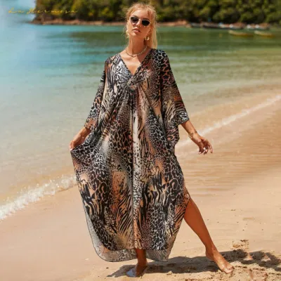  La mujer V-Neck Beach trajes de baño vestidos largos medio verano trenzada de algodón Impresión Multicolor de textura de los animales Bikini encubrimiento Lxf8772-0740