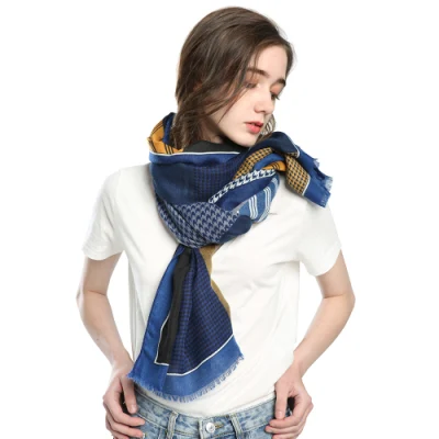 Nueva bufanda rectangular estampada de pata de gallo personalizada 100% seda Twill Satin Square Fular estrecho para mujer
