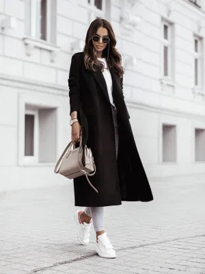  Abrigo de venta caliente abrigo Woolen Otoño y invierno minimalista largo Chaqueta de lana para mujer con correa de cuello en V
