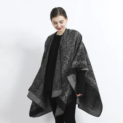  Moda Vintage geométrico punto patrón Invierno grueso cálido Mujer tejido Chales poncho
