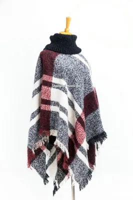  Primavera Otoño mujer dama moda cálida Poliéster negro pulido hilados Boucle franja color mixto Pullover envuelve las cuadrículas controles Plaid Mantón Turtleneck Poncho
