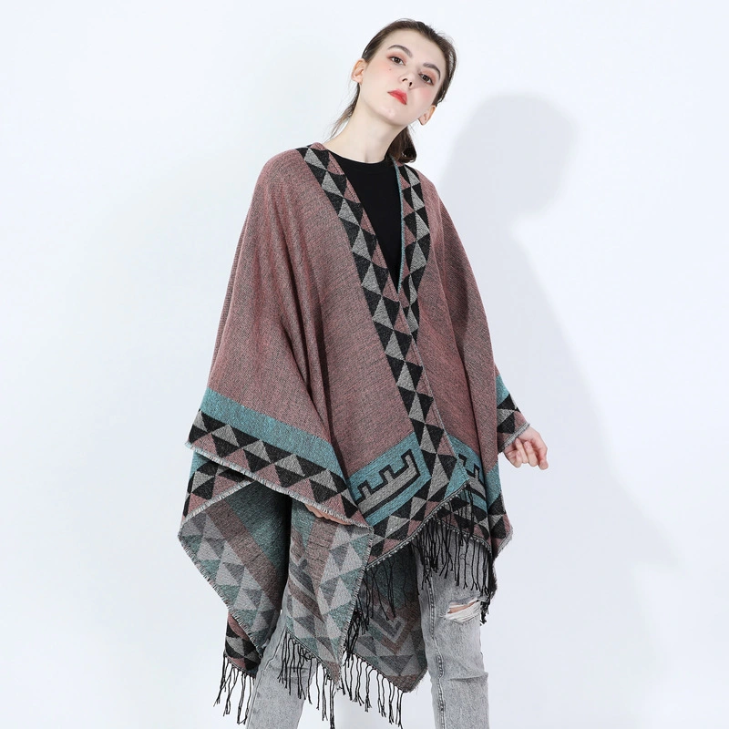 Thick Soft Scarf Shawl Cape Tassels Stylish Warm Knitted Triangle Pattern Poncho