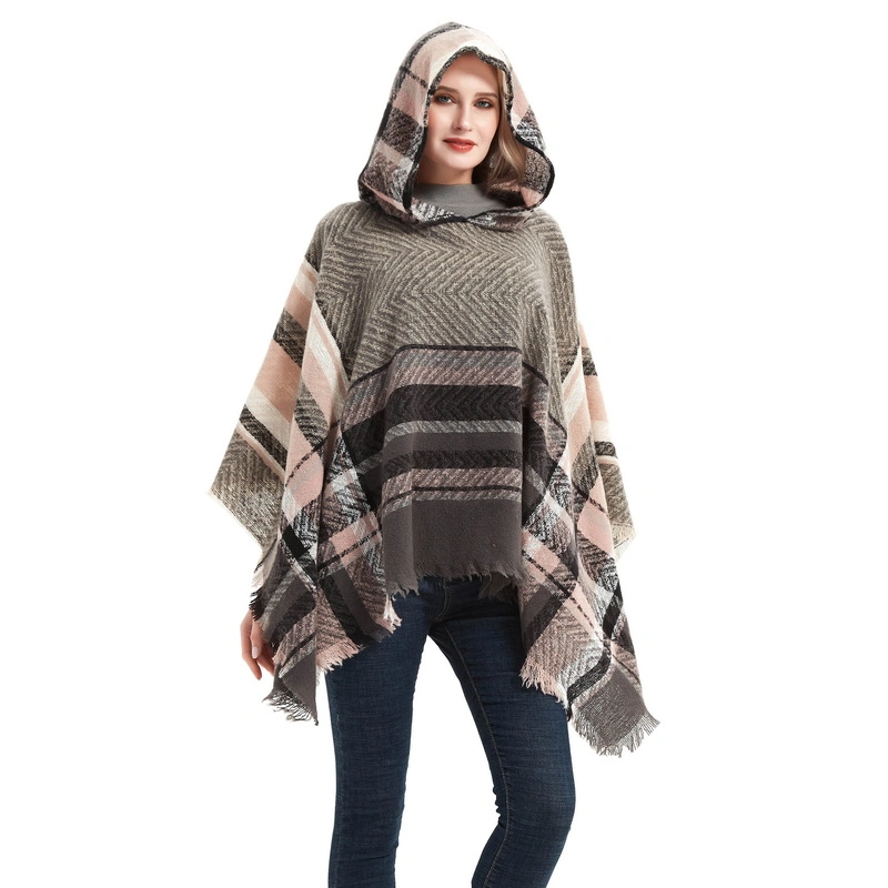 Fashion Warm Fur Women Hooded Poncho Cape Shawl