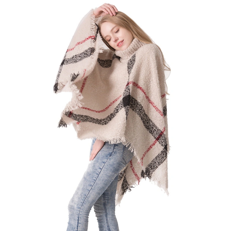 Popular Wholesale Winter Women Plaid Poncho with High Collar