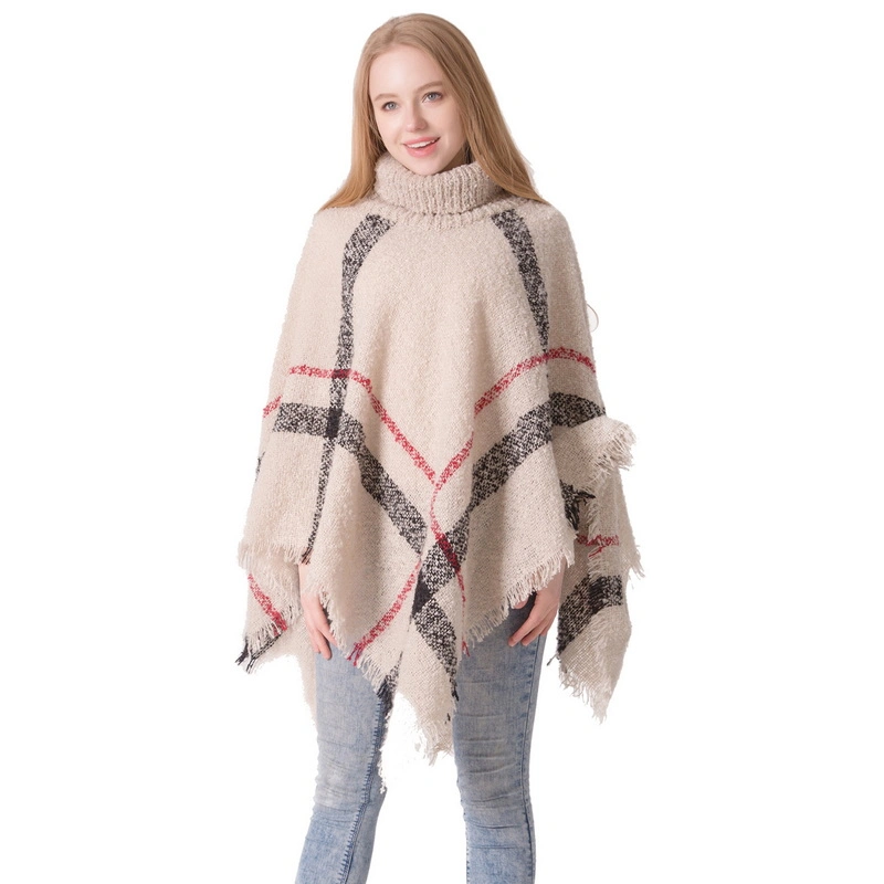 Popular Wholesale Winter Women Plaid Poncho with High Collar