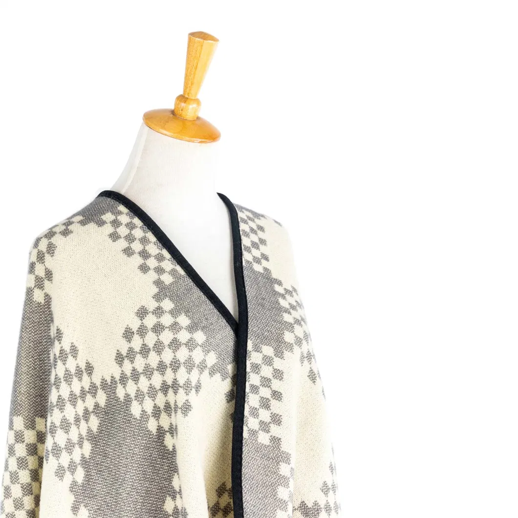 Woman Mustard Warmth Apparel Oversize Double Sides Beige Block Soft Front Open Lattice Tartan Grids Dots Square Art Casual Shawl Sweaters Cape Pallium Poncho