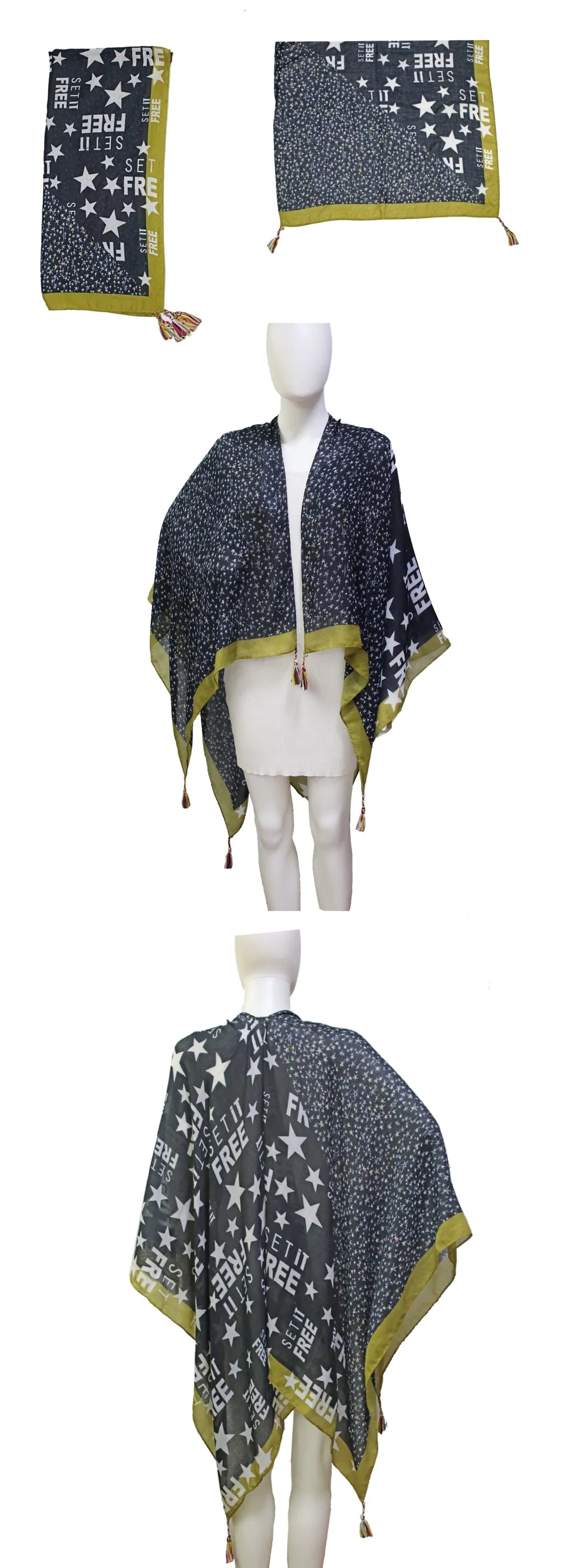 Women Accessories American USA Star Scarf Poncho 2022 Autumn Shawl Soft Polyester with Tassel