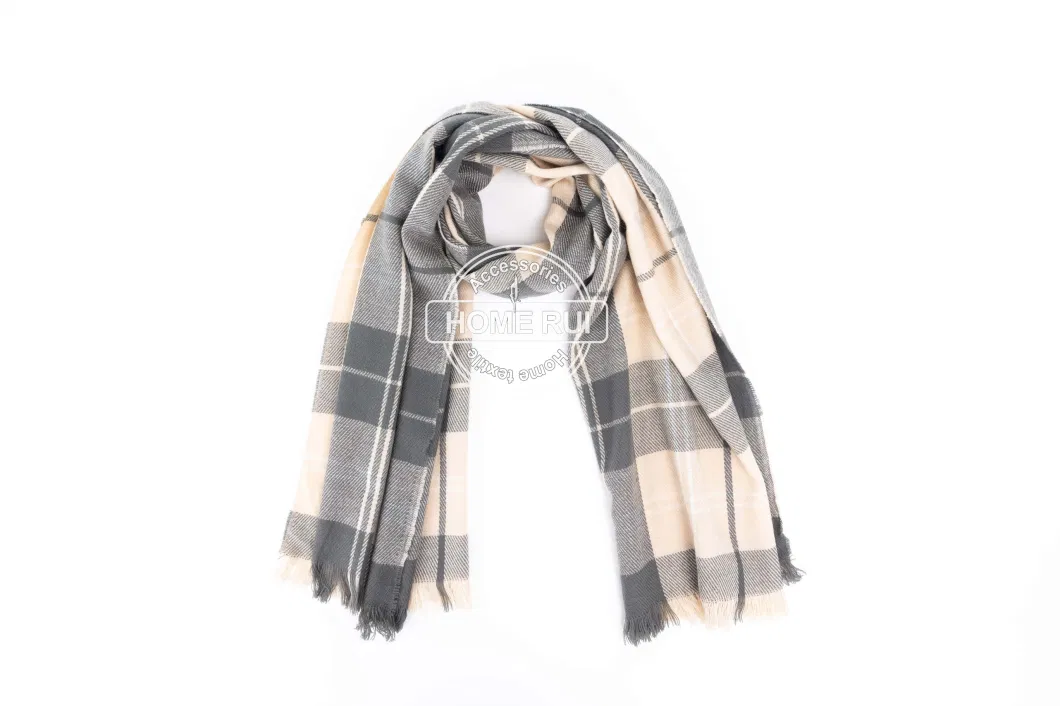 Wholesale Custom Outerwear Outfit Apparel Accessory Unisex Winter Acrylic Soft Fringe Checks Grid Tartan Cashmere Feel Shawl Pashmina Windowpane Blanket Scarf