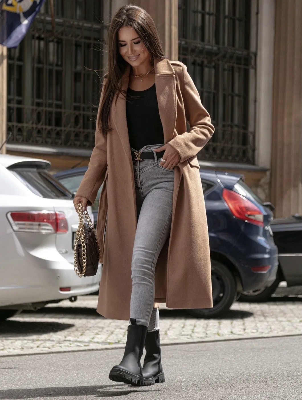 Hot Selling Coat Woolen Coat Autumn and Winter Minimalist Long Sleeved V-Neck Strap Women&prime;s Wool Coat