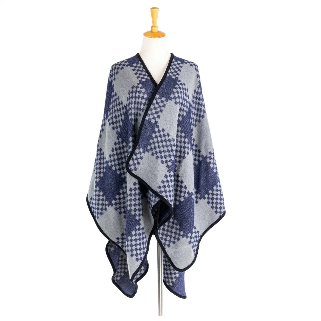 Outerwear Spring Autumn Woman Apparel Oversize Double Sides Grey Block Soft Front Open Lattice Tartan Grids Dots Square Art Casual Sweaters Cape Pallium Poncho