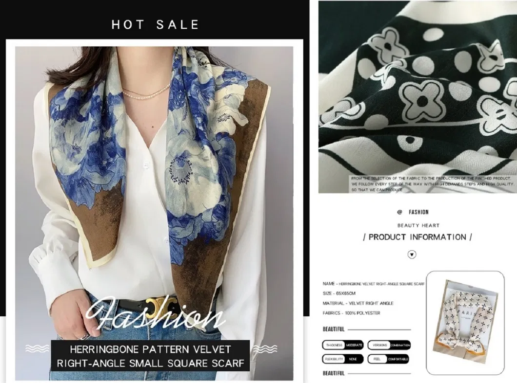 68*68cm Wholesale Fashion Silky Herringbone Scarf Custom Designer Floral Printing Headscarf for Woman