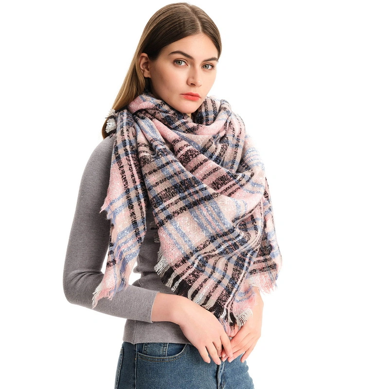 Oversized Winter Tartan Square Plaid Scarf with Tassel