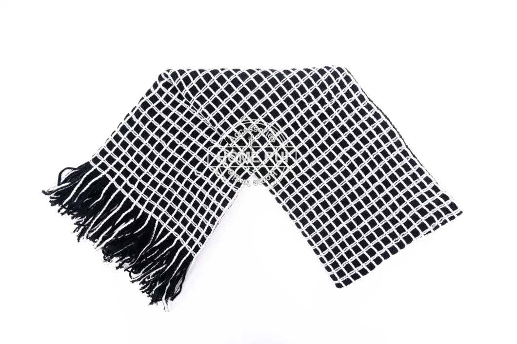 Fashion Accessory Unisex Men Women Winter Black White Acrylic Woven Fringe Plaid Grids Checks Jacquard Brushed Long Scarf