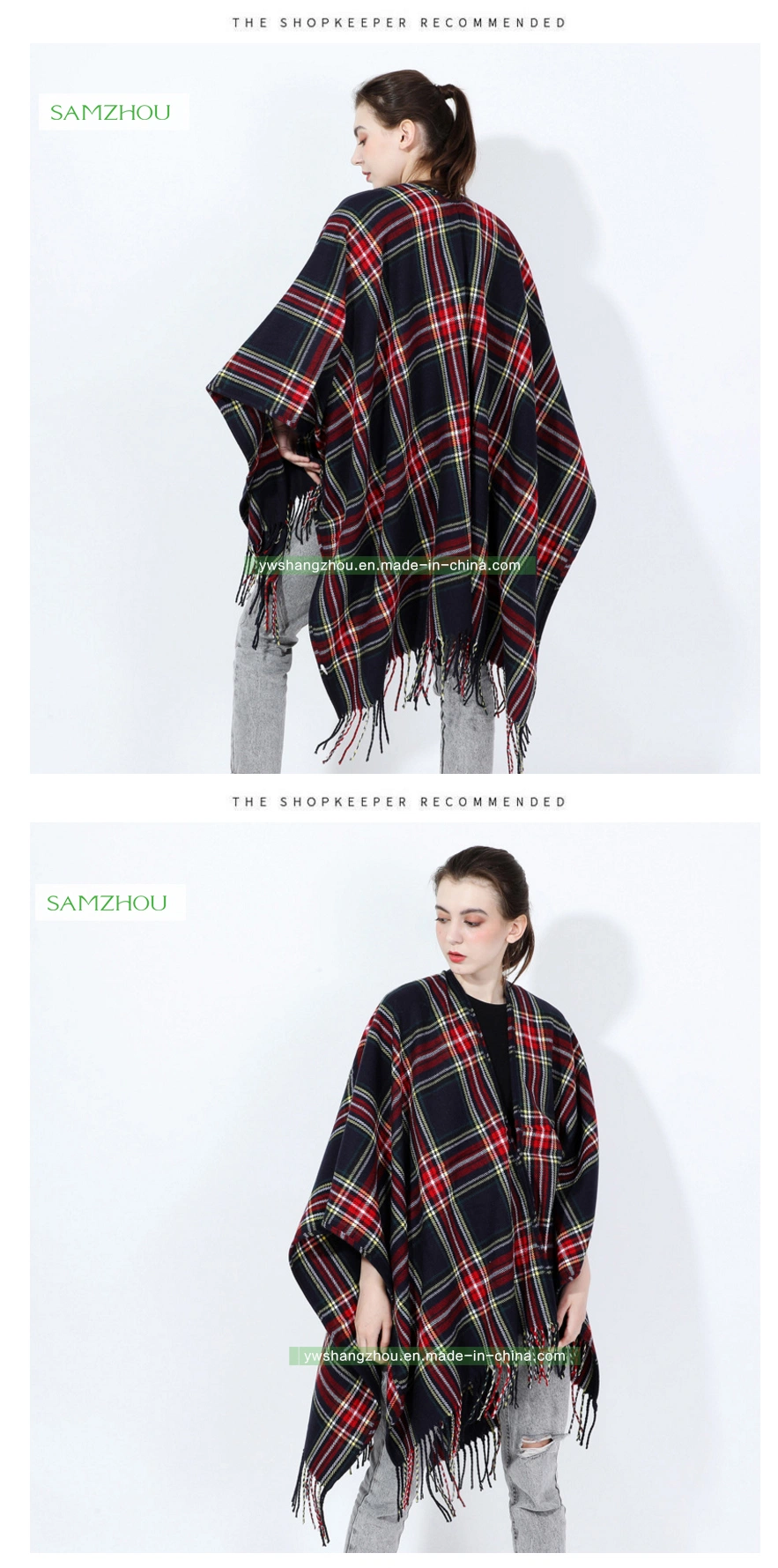 Western Slit Plaid Cape Fashion Scarf Lady Cashmere Shawl Winter